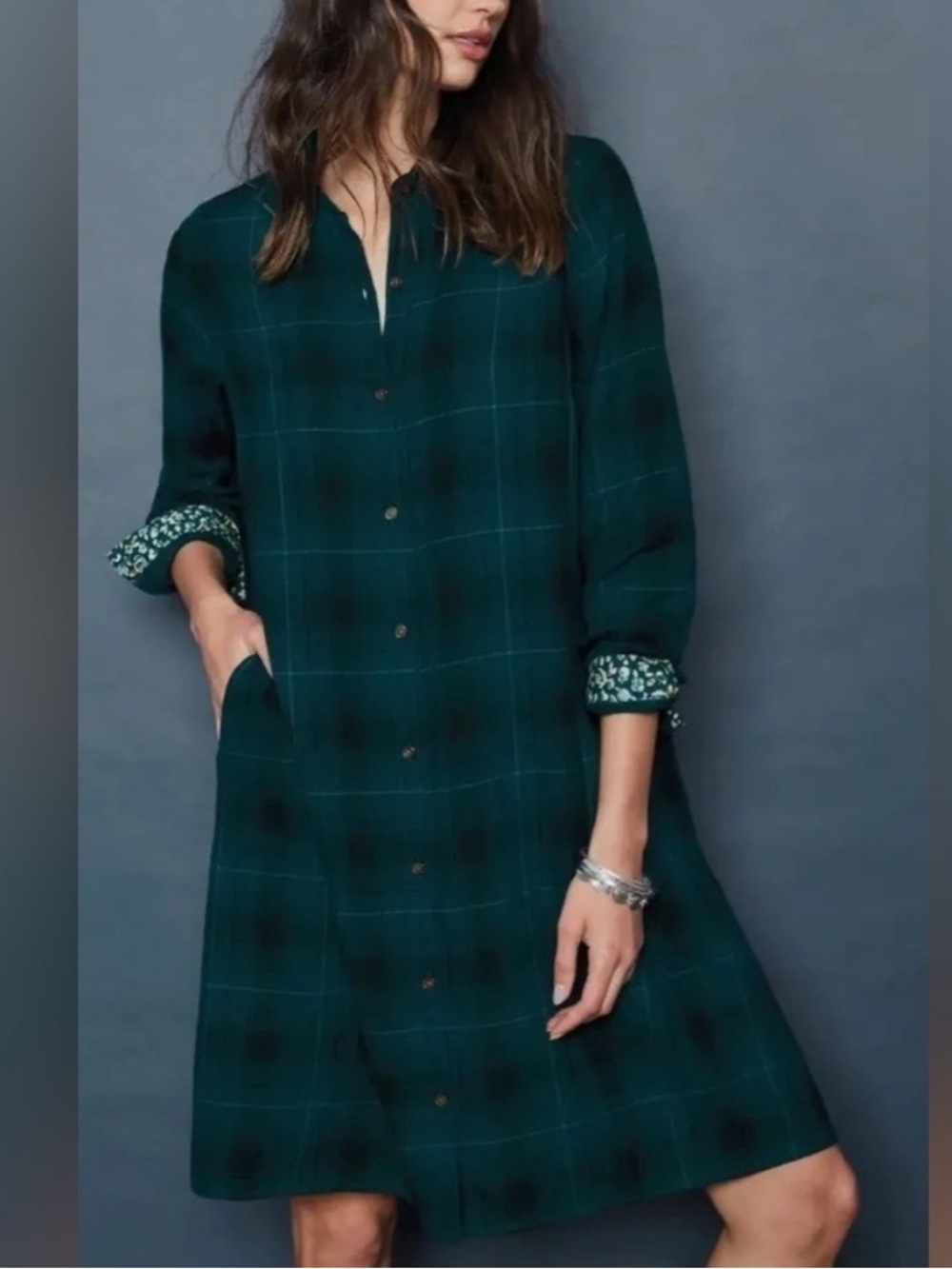 J. Jill Plaid Floral Button Up Shirt Dress Pockets Blue Women’s Size XL